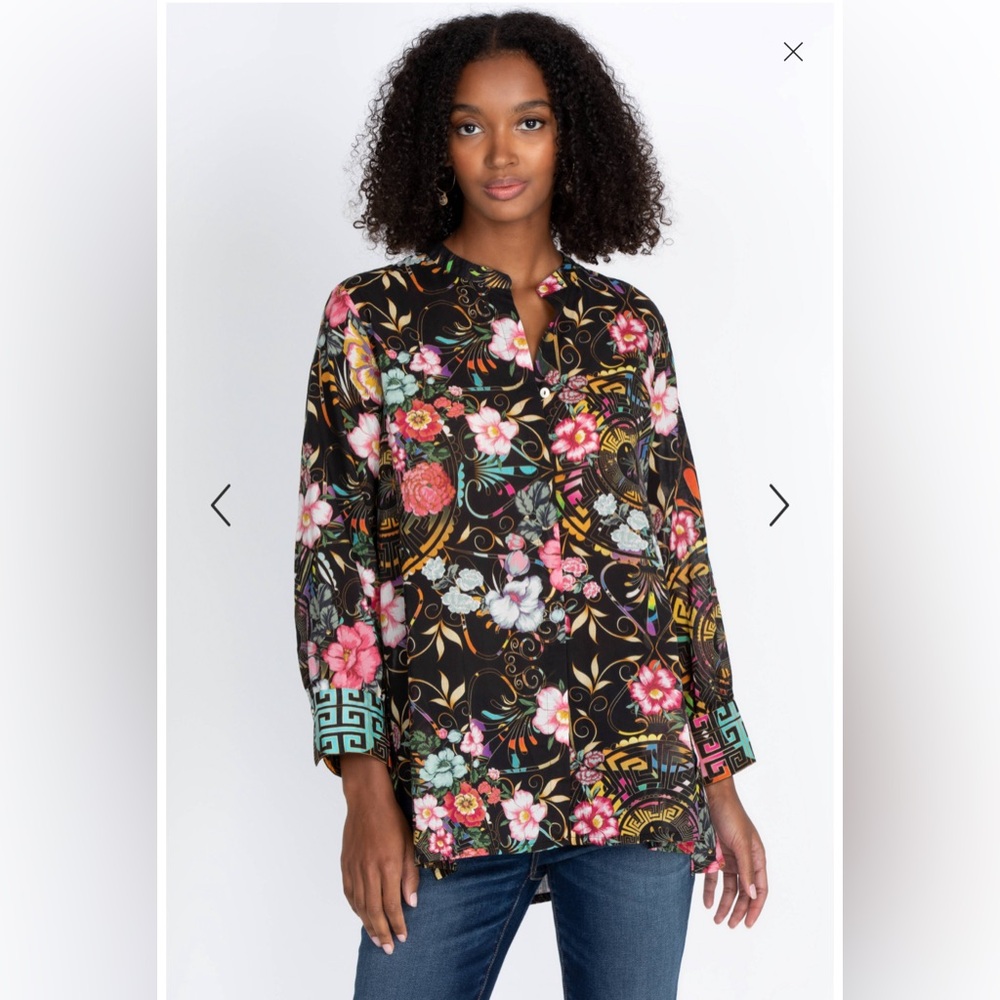 Johnny Was Black Floral Button-Down Shirt with Pink & Green Accents